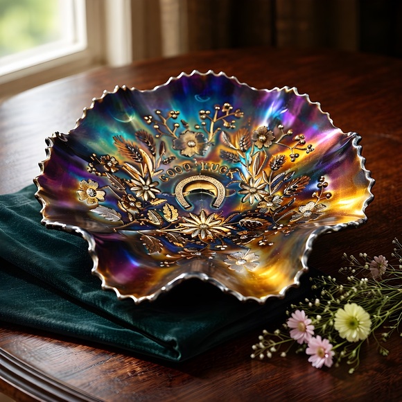 Other - Vintage Carnival Electric Purple Northwood Good Luck Ruffled Bowl